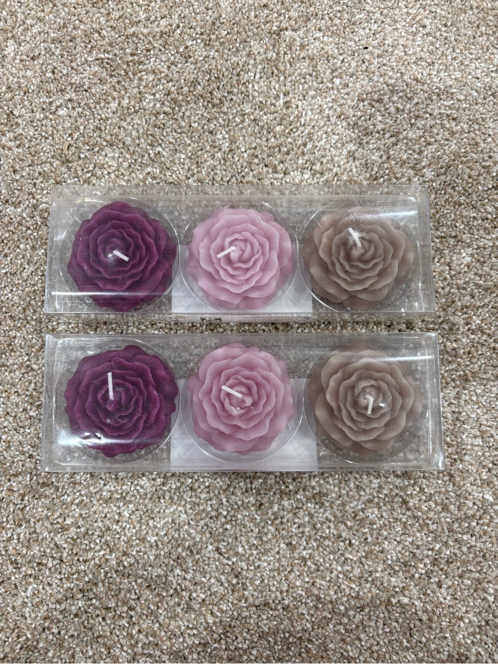 Set of 6 Peony-Shaped Unscented Tealight Candles in Plum, Dusty Pink, Taupe